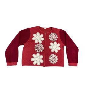 Pol Red Quilted Wide Boxy Fit Crochet Dollie Jacket Size Large Cottagecore Boho